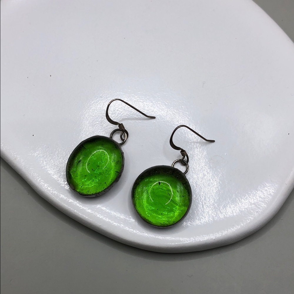 Artisan Apple Green Art Glass Dangle Drop Earrings Silver 925
